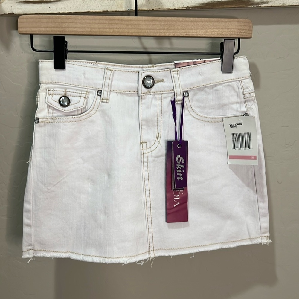 Vigoss Skirt Jean Girl Size 10 White Adjustable Waist Bling Rhinestone Fray Mini - Picture 2 of 10